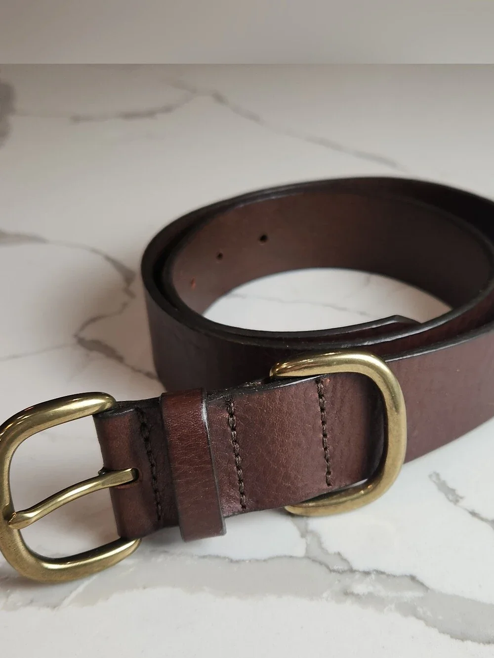 Men's Genuine Leather Casual Belt, Dark Brown with Brass Hardware, Size M USA